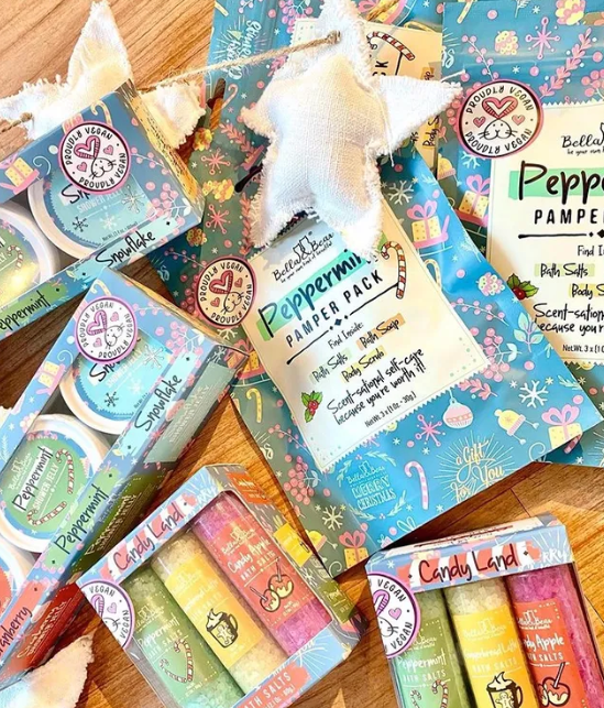 Candy Land Christmas Bath Salts Gift Set, featuring vegan bath salts in glass tubes and boxed collections.