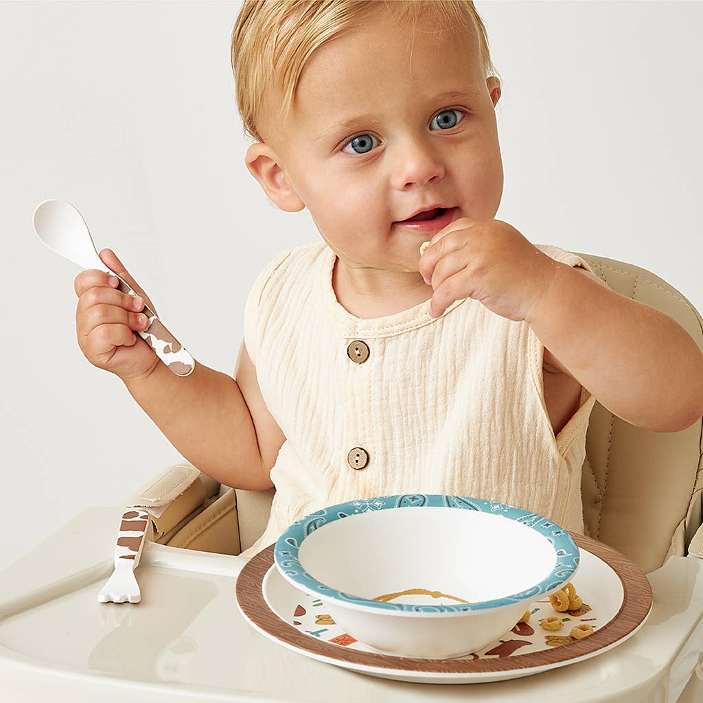 Itzy Bistro™ 4-Piece Dining Set: BPA-free melamine bowl, fork, spoon, and plate; available in small and medium sizes.