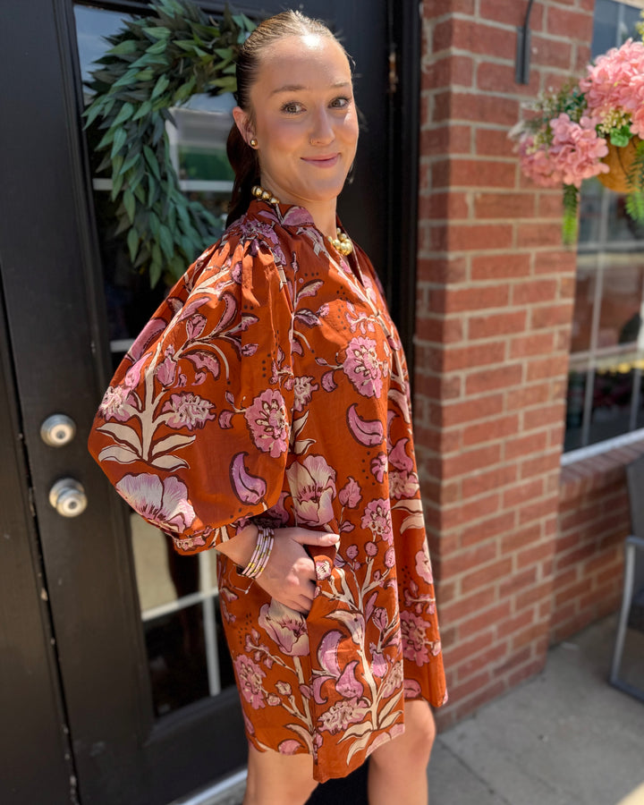 Autumn Rust Long-sleeve Dress: orange cotton with pink floral patterns; available in sizes XS-XL.