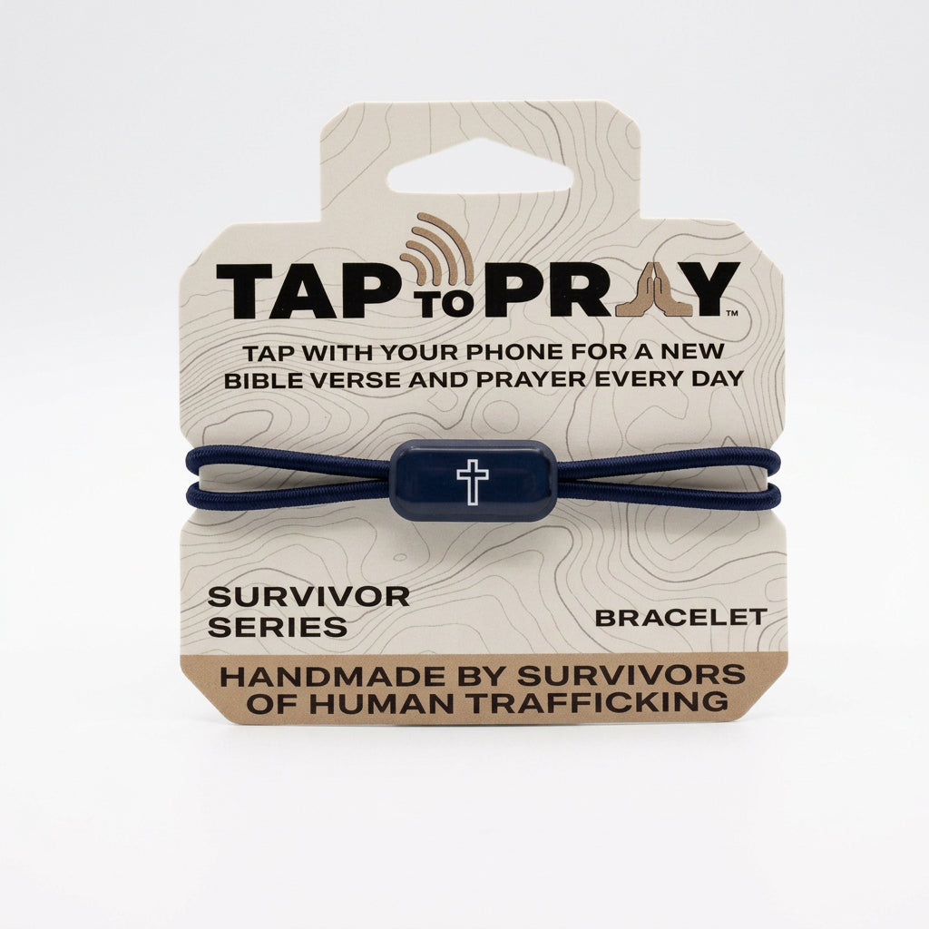 Navy blue elastic Tap To Pray bracelet with a rectangular white cross charm. Available in multiple sizes.