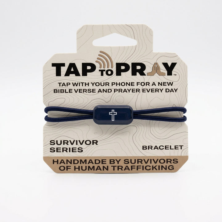 Navy blue elastic Tap To Pray bracelet with a rectangular white cross charm. Available in multiple sizes.