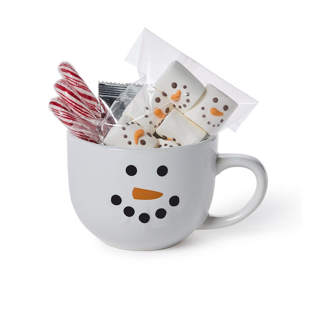 Snowman Swirl Hot Cocoa Set with white ceramic snowman mug, snowman-shaped marshmallows, and candy canes.