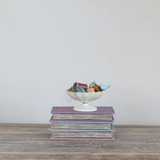 5” L decorative metal scalloped bowl with 3D bird on rim, filled with colorful spools of thread; available in 5” size.