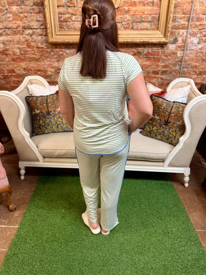 Melody Green Stripe Pants Set in a relaxed fit, available in sizes XS-XL.