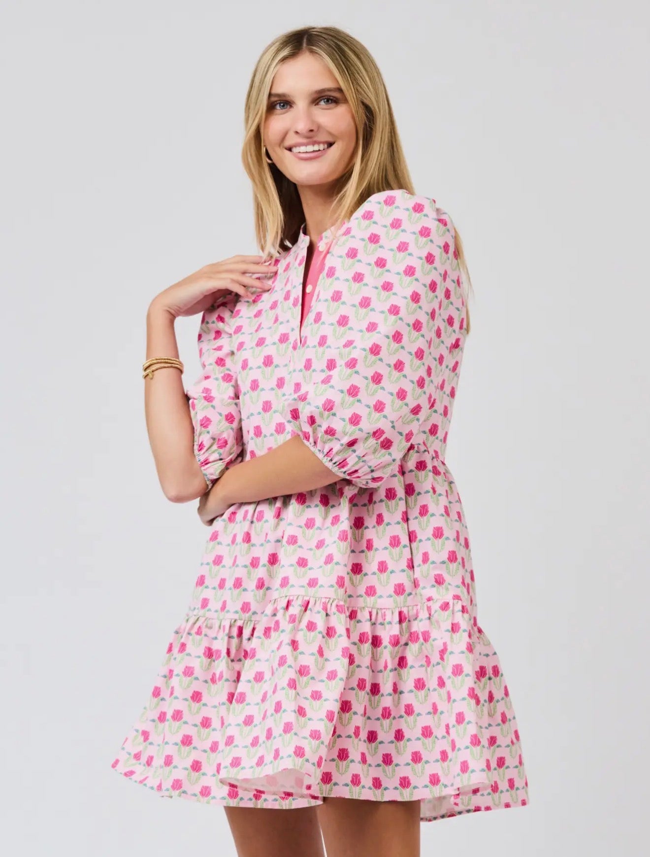 Mini Riley Flora Fanfare Dress, pink and white pattern, 3/4 sleeves, tiered mini skirt, available in size XL.