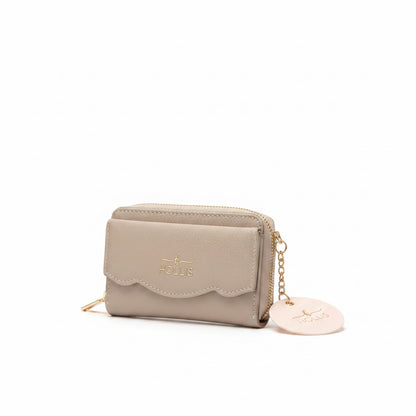 Beige Hollis Scalloped Cardholder with scalloped flap, gold key ring, and round tag. Sizes available: S, M, L.