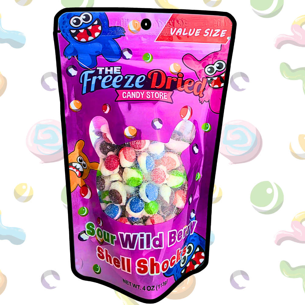 4 oz bag of Freeze Dried Shell Shocks: Sour Wild Berry with colorful design, cartoon graphics, and clear window showing candy.