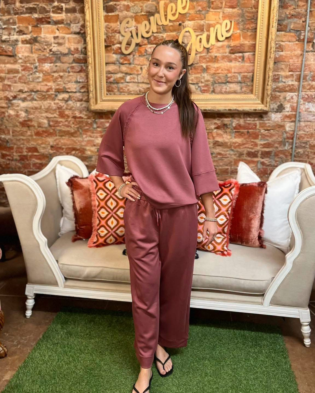 Marsala Butterfly Lace Raglan Sleeve Top in mauve; available in sizes S-XL.