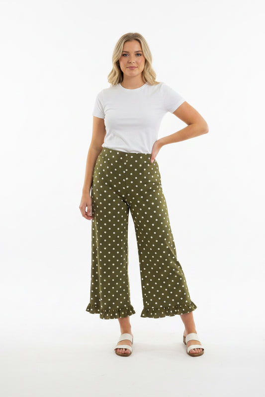 Olive Polka Dot Ruffle Hem Pants with playful, casual style; available in sizes XS-XL.