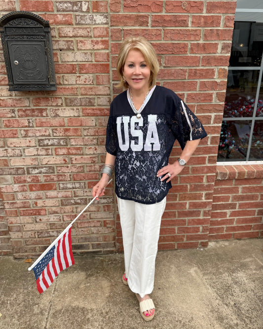 Navy Lace "USA" Jersey, available in sizes XS-XL.