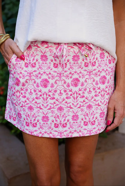 Enchanted Garden Skort Pink with pockets, lightweight fabric, built-in shorts. Available in XS-XL.