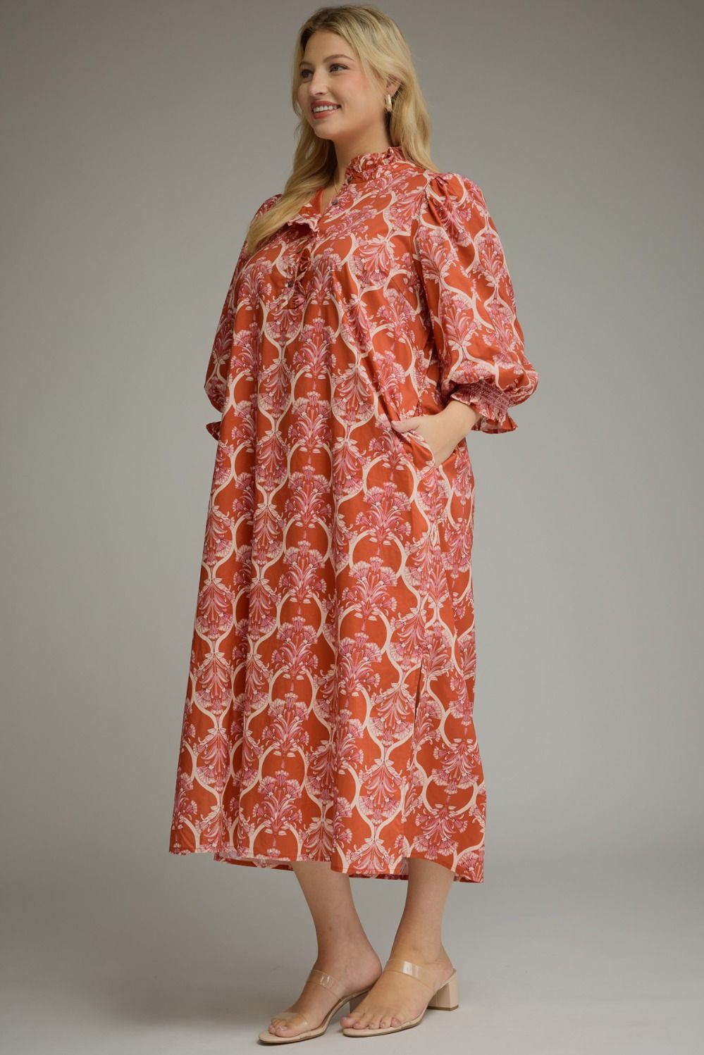 Nora Ruffle Midi Dress in rust floral print with ruffle collar, balloon sleeves, and gathered cuffs. Sizes available.