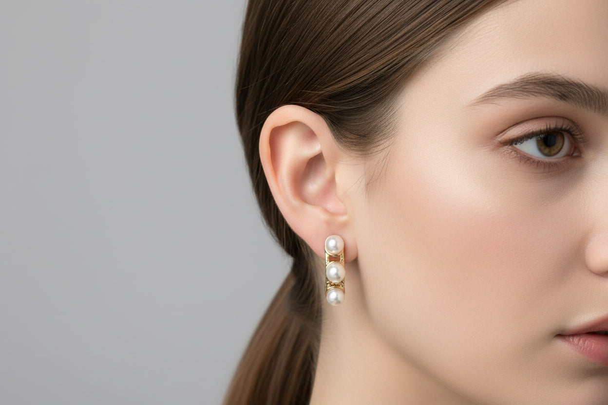 Hoop earrings with three vertically aligned white pearls. Available in small, medium, and large sizes.