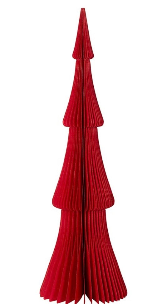 18-Inch Red Handmade Paper Tree Decor, a pleated, honeycomb-style red tiered tree.