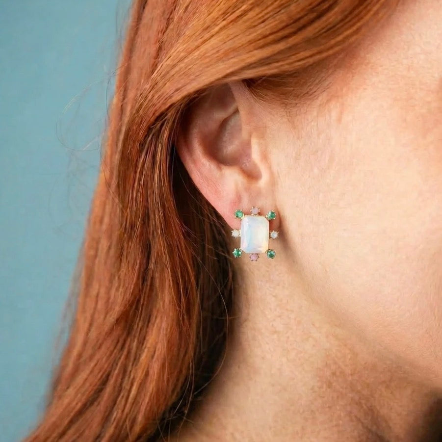 Rectangle Burst Stud Earrings: rectangular opal studs with small green and white stone accents. Available in multiple sizes.