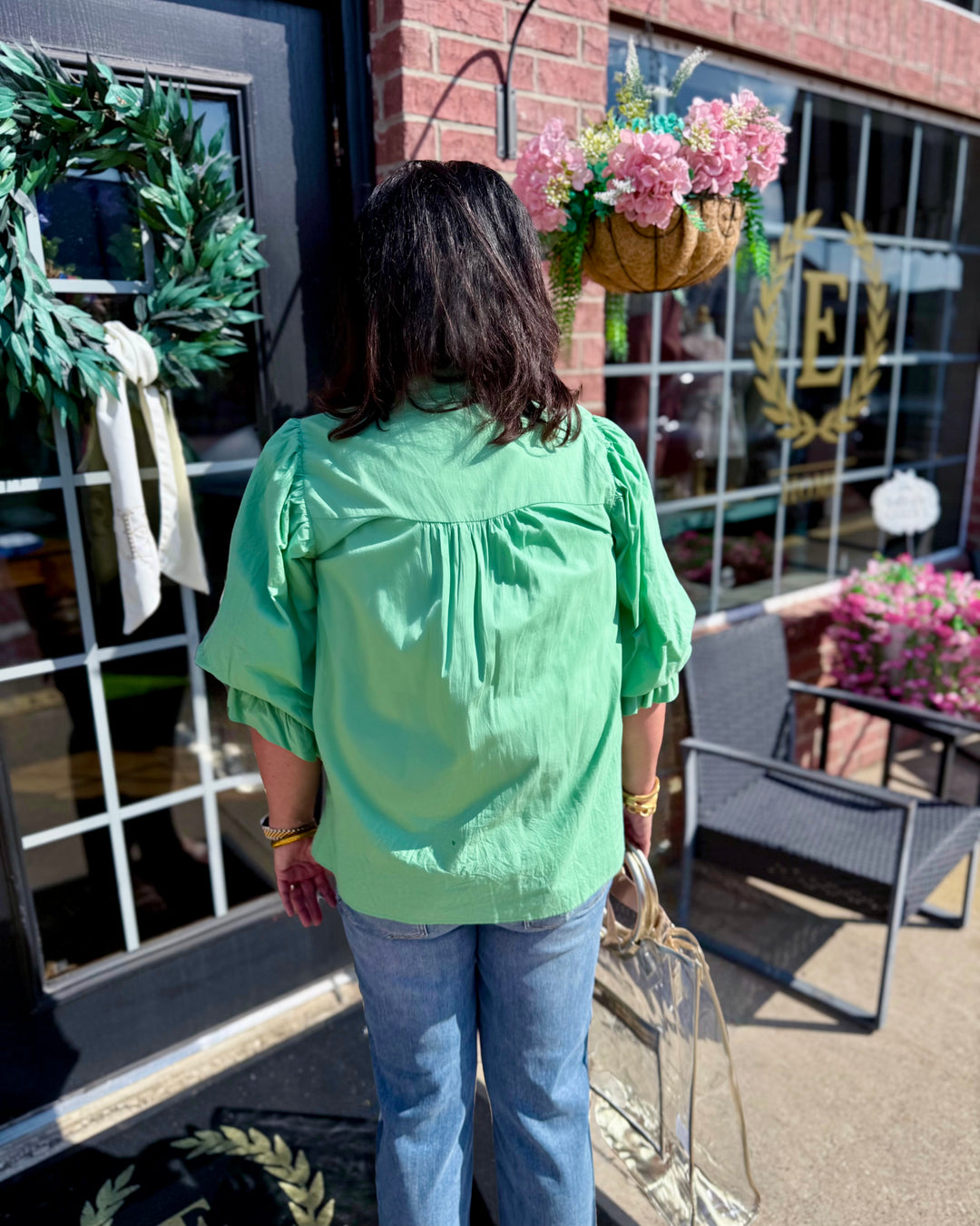 Mint Button Down Blouse in 100% cotton with soft balloon sleeves. Available in sizes XS-XL.
