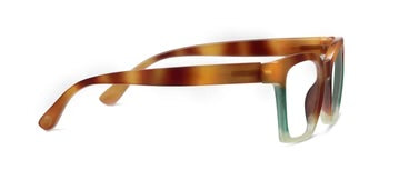 Birdie Blonde Tortoise Colorblock blue light glasses with brown striped arms, brown to green faded frame. Sizes: S, M, L.