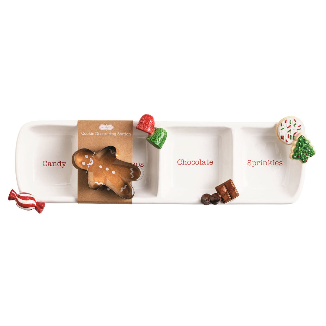 Three-section white ceramic serving plate labeled “Candy,” “Chocolate,” and “Sprinkles.”.