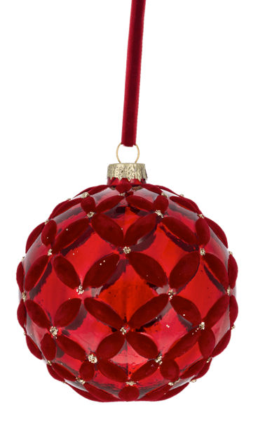 Flocked Basket Weave Ornament: a red glass ornament with red velvet lattice and gold glitter, hanging from a red velvet ribbon.