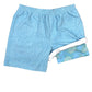 Light blue men's swim shorts with elastic waistband, green turtle lining. Sizes: S-XXL.
