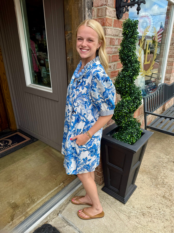 Royal Blue Floral Dress; available in sizes XS–XL.