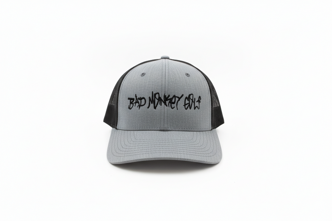 Gray and black Bad Monkey Hat with mesh sides/back, "BAD MONKEY GOLF" front. Available in S/M, M/L, L/XL sizes.