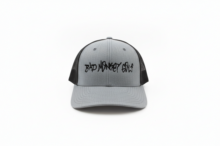 Gray and black Bad Monkey Hat with mesh sides/back, "BAD MONKEY GOLF" front. Available in S/M, M/L, L/XL sizes.