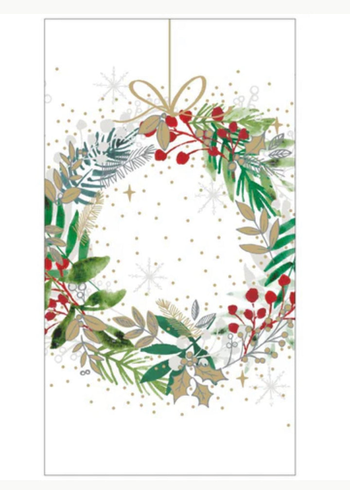 3-ply holiday napkins with a watercolor wreath, holly, pine, berries, gold dots, and snowflakes.