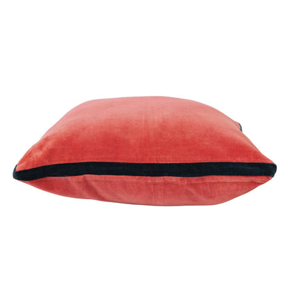 20” square cotton velvet pillow in soft coral with a black edge. Available in 20” size.