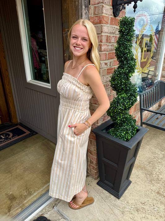 Taupe Striped Spaghetti Strap Midi Dress, available in sizes XS–XL.