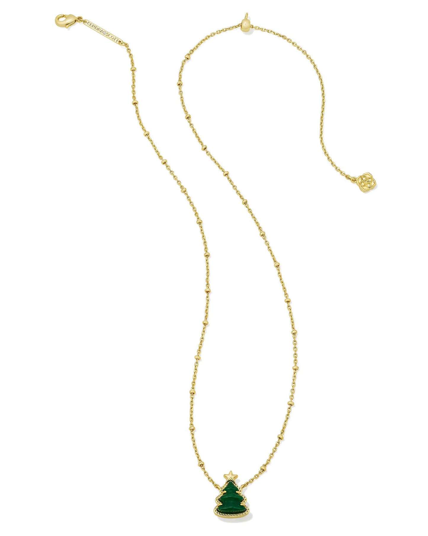 Gold beaded Ashton Pearl Necklace with green Christmas tree pendant, gold star, and charm by clasp. Sizes: 16", 18".