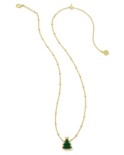 Gold beaded Ashton Pearl Necklace with green Christmas tree pendant, gold star, and charm by clasp. Sizes: 16", 18".