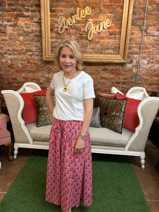 Pink Floral Maxi Skirt, flowy design, available in XS-XL.
