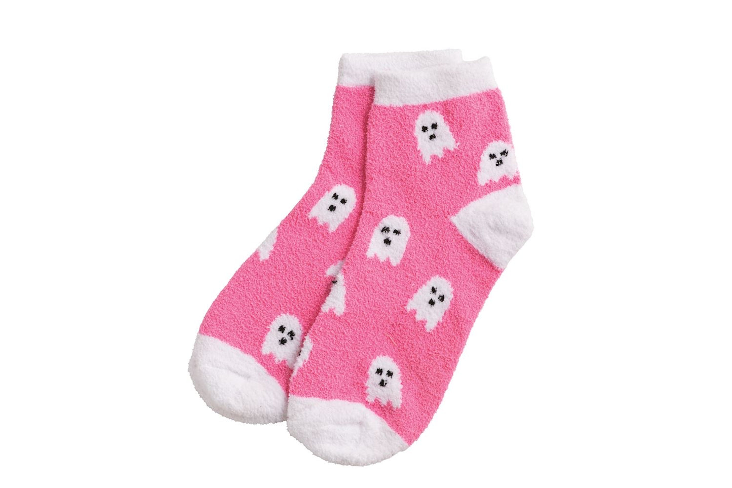 Fuzzy pink ankle socks with white toes, heels, cuffs, and ghost patterns. Available in sizes S, M, and L.
