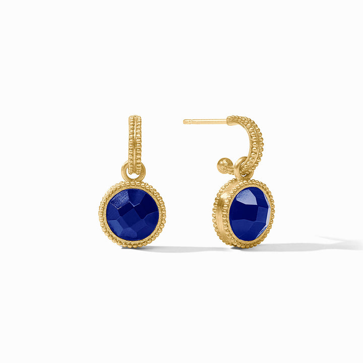 Fleur-de-Lis Hoop &amp; Charm Earrings with 24k gold plated hoops and faceted blue stone charms with beaded borders.