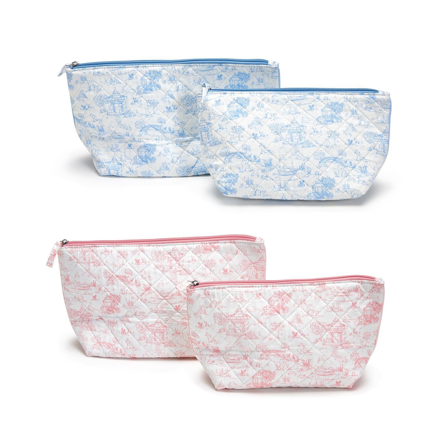 Set of 2 Animal Toile Multipurpose Pouches, blue and pink, quilted texture, zipper closure, available in two sizes.