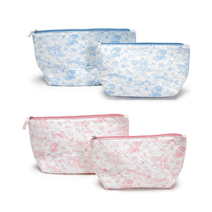 Set of 2 Animal Toile Multipurpose Pouches, blue and pink, quilted texture, zipper closure, available in two sizes.