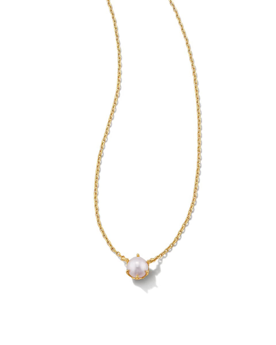 The Ashton Pearl Necklace by Kendra Scott: gold chain, single round white pearl, gold clasp. Available in 16", 18", 20".