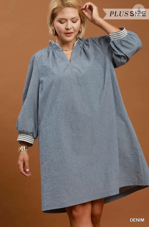 Denim Textured Contrast Trim Tie Waist Mini Dress with long sleeves; available in plus sizes.