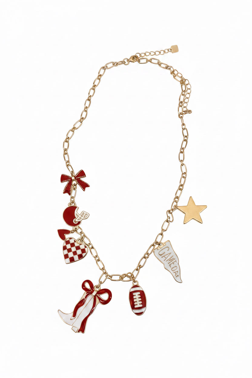 Game Day Necklace with gold chain and red, white, and gold football-themed charms: helmet, star, football, megaphone, pom-pom, and bow. Available in multiple sizes.