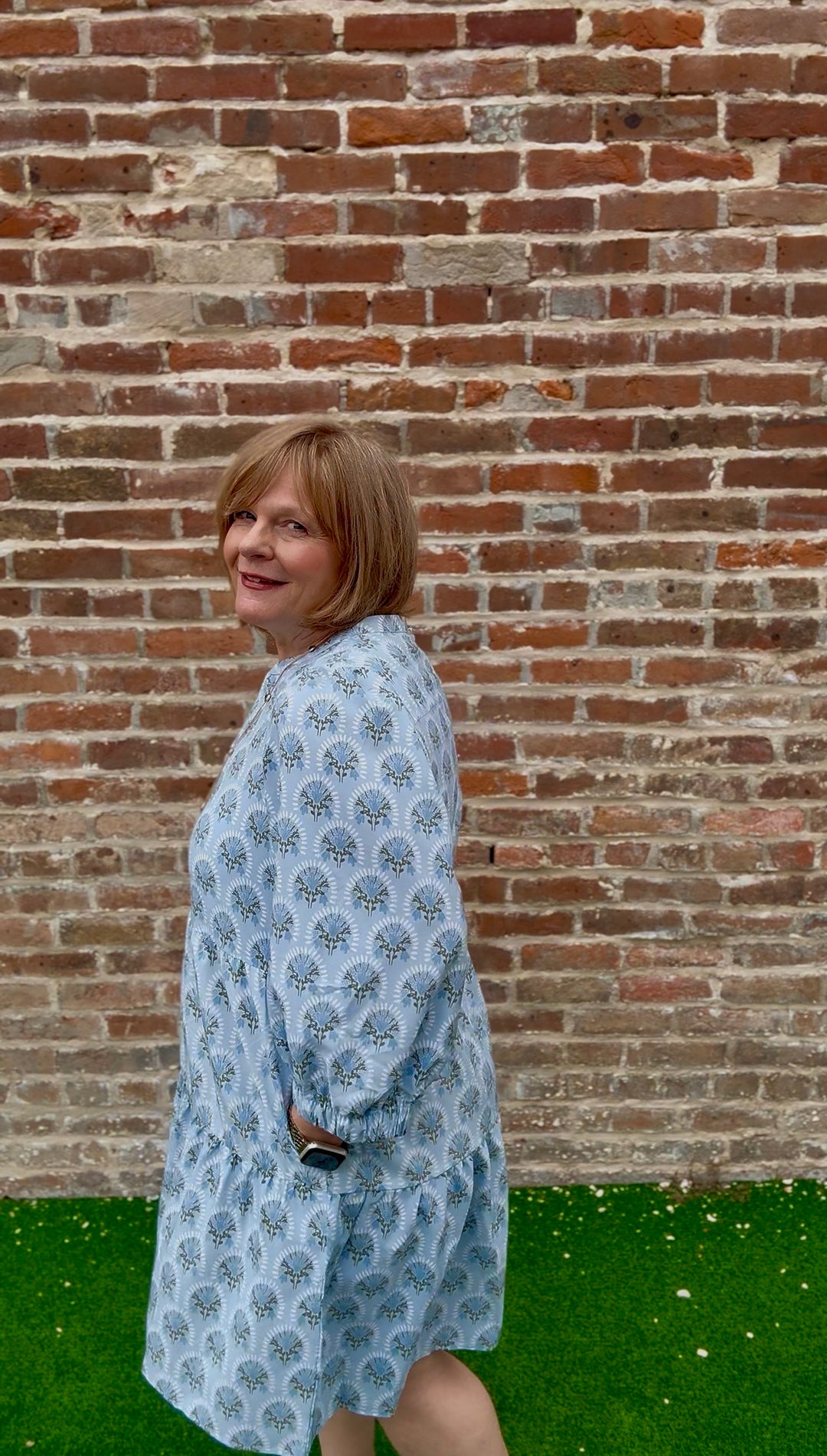 Cooper Botanical Blooms Dress: light blue, patterned, V-neck, tiered skirt. Available in sizes XS–XL.
