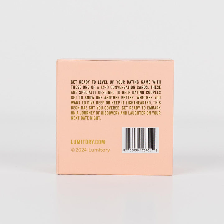 Peach-colored box for Conversation Cards Girls Night, featuring product info and Lumitory.com. Sizes available: standard.