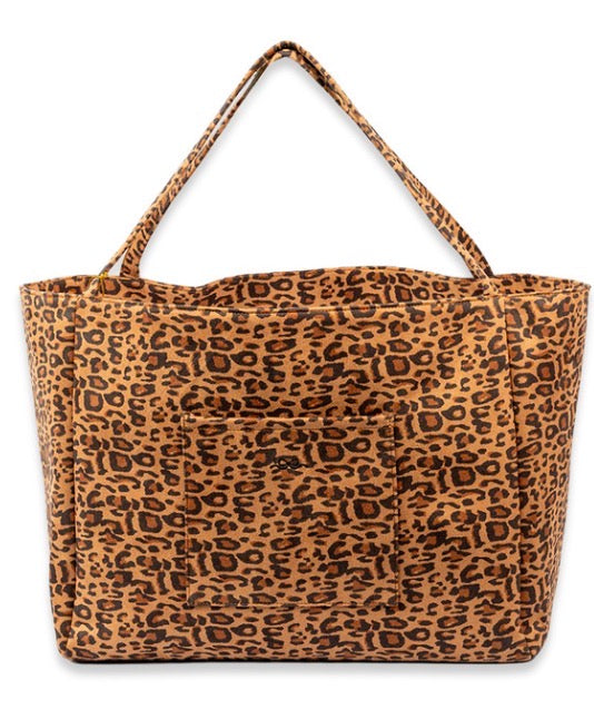 Spacious leopard print tote with brown and black pattern, single shoulder strap, exterior front pocket; available in multiple sizes.