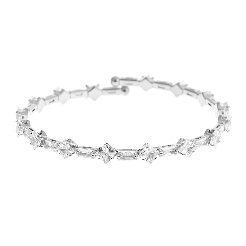 Crystal Square Baguette Cuff Bracelet with star-shaped clear gemstones on silver and gold band. Available in S, M, L.