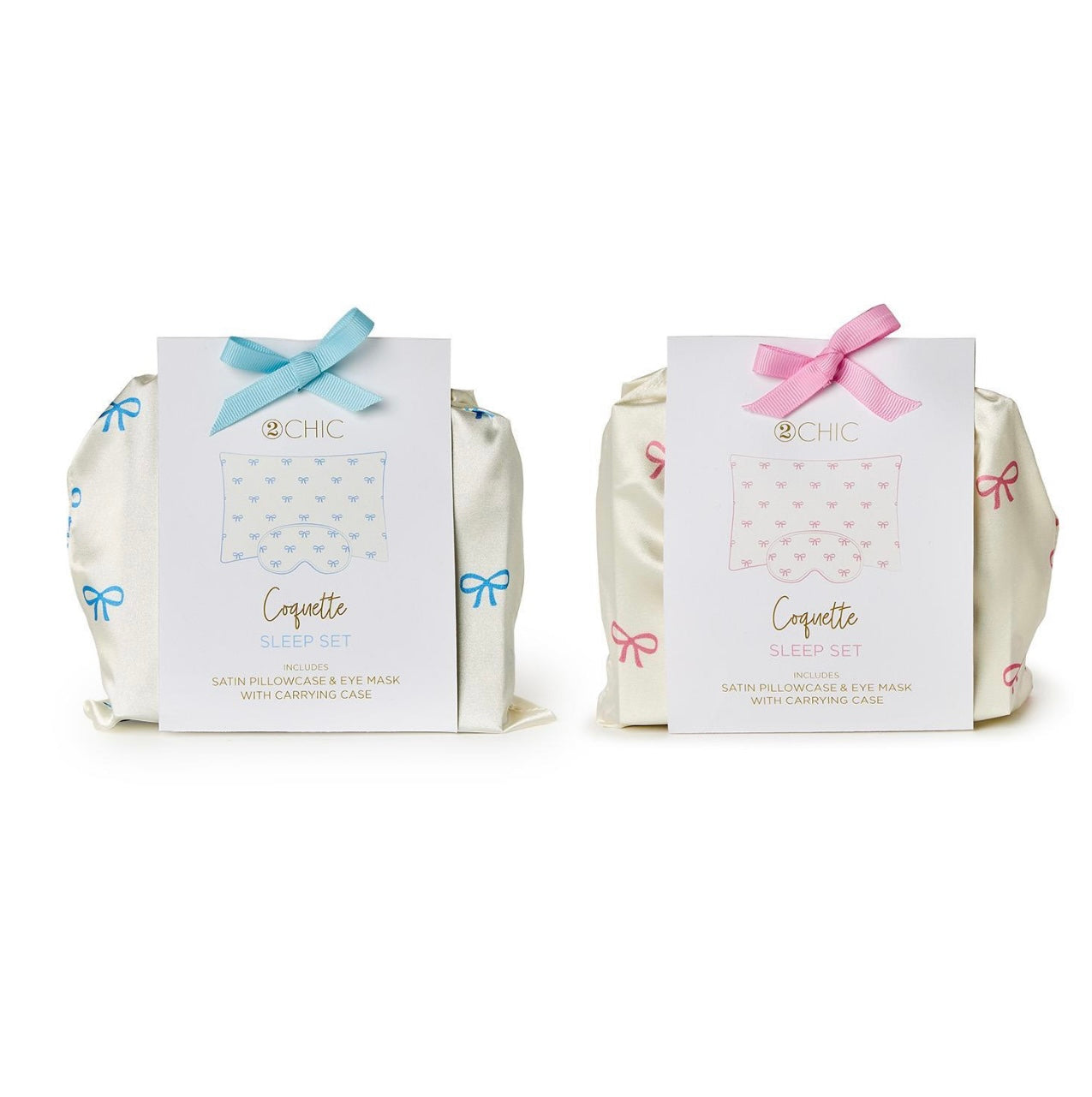 Coquette set: satin pillowcase and eye mask in carrying case, blue or pink bow design. Sizes: Standard, King. Gift boxed.