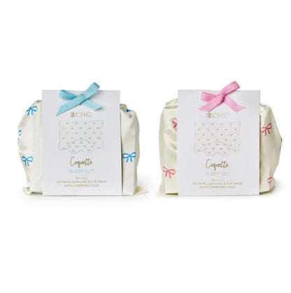 Coquette set: satin pillowcase and eye mask in carrying case, blue or pink bow design. Sizes: Standard, King. Gift boxed.