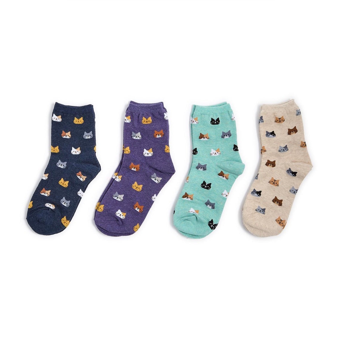 Set of four ankle socks in navy, purple, mint, and beige with colorful cat face patterns; available in sizes S, M, and L.