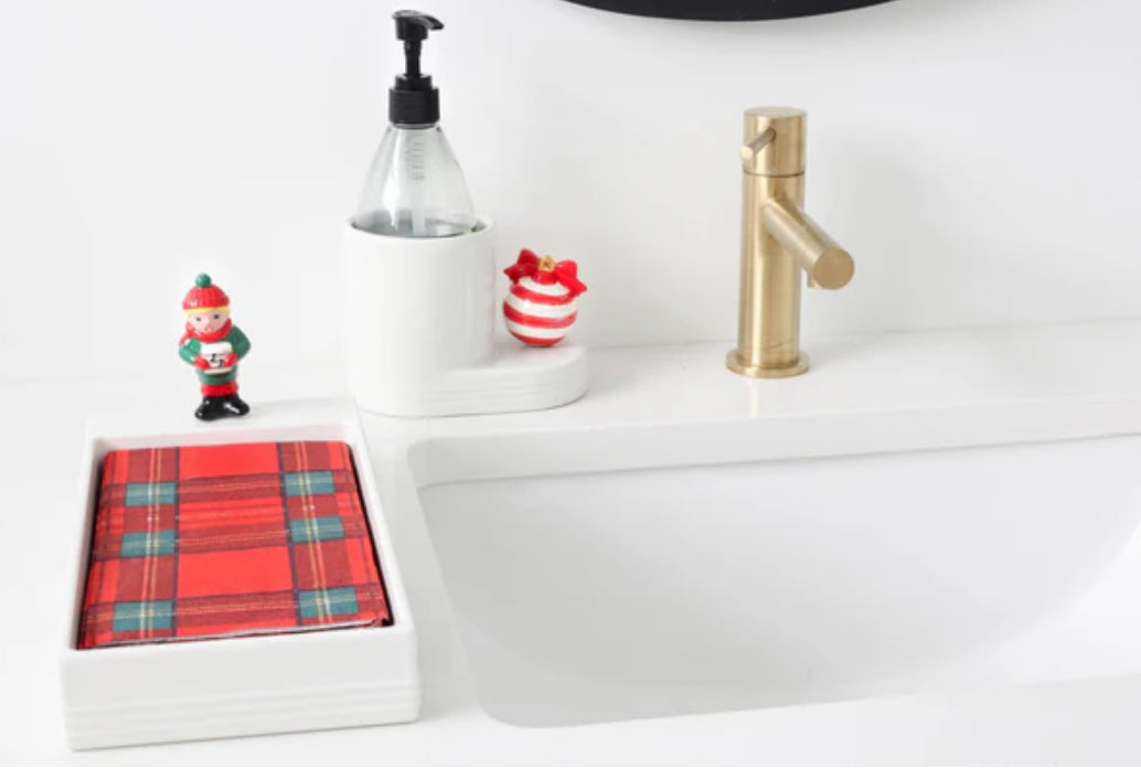 White ceramic soap dispenser and matching tray with red plaid guest towels. Sizes available: Soap Dispenser - 8oz; Tray - 5"x10".