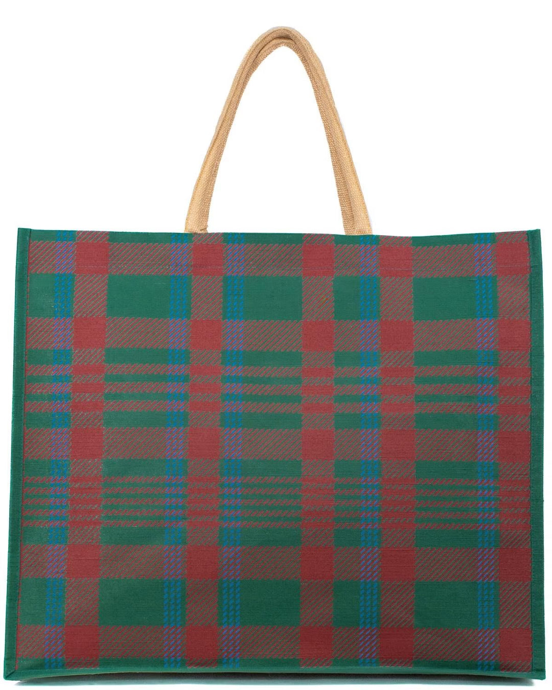 Telluride Plaid Juco Carryall Tote: rectangular red and green plaid bag with tan woven handles.