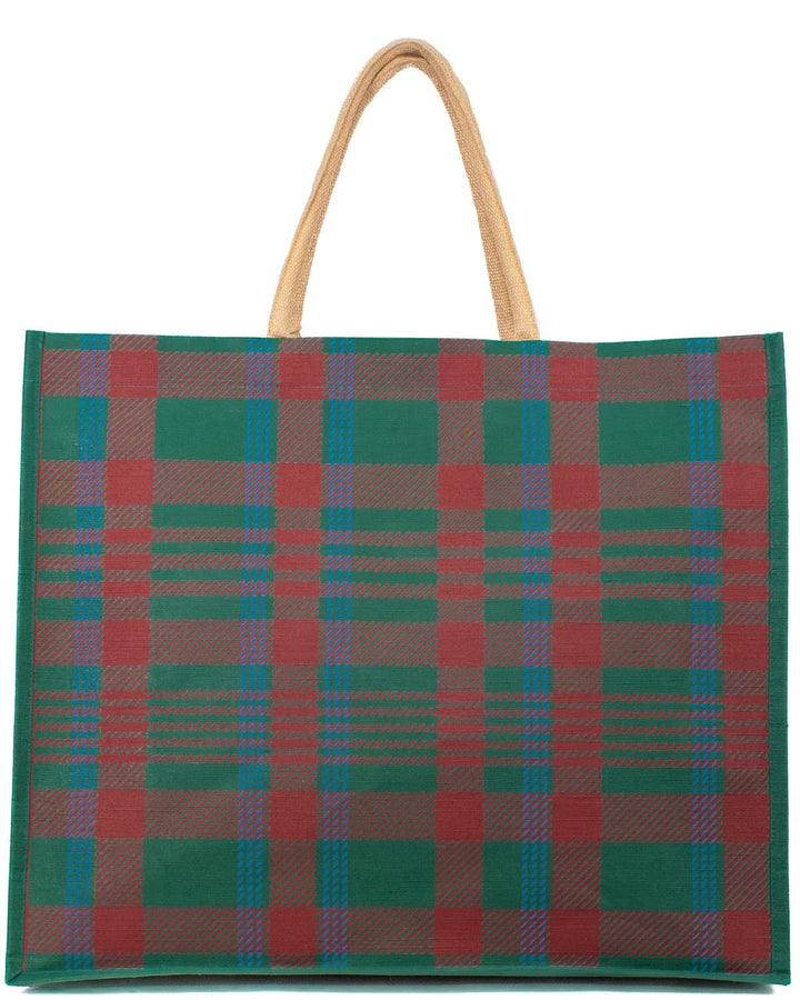 Telluride Plaid Juco Carryall Tote: rectangular red and green plaid bag with tan woven handles.